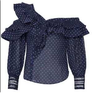 Self-Portrait Navy Blue White Polka Dot Plumetis chiffon ruffle longsleeve top 6